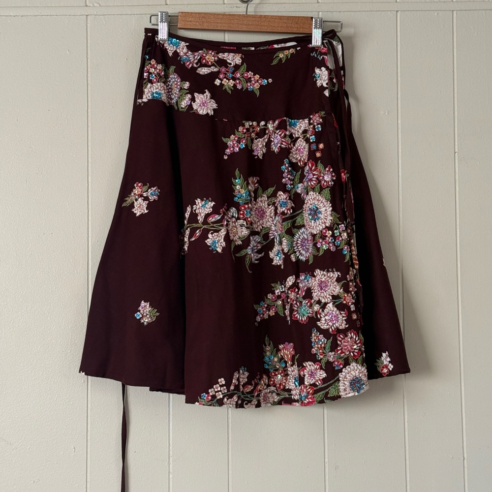 Womens Handcrafted‎ Womens Floral Wrap Skirt Brown Beaded Sequin Embroidered Y2K